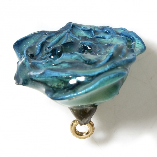 Изображение 1 Piece Resin & Real Dried Flower Handmade Resin Jewelry Real Flower Charms Flower Golden Green Blue 3D 20mm x 16mm
