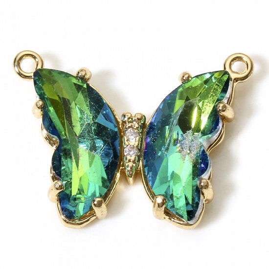 Picture of 5 PCs Brass & Glass Insect Connectors Charms Pendants Gold Plated Green Butterfly Animal Clear Rhinestone 22mm x 17mm