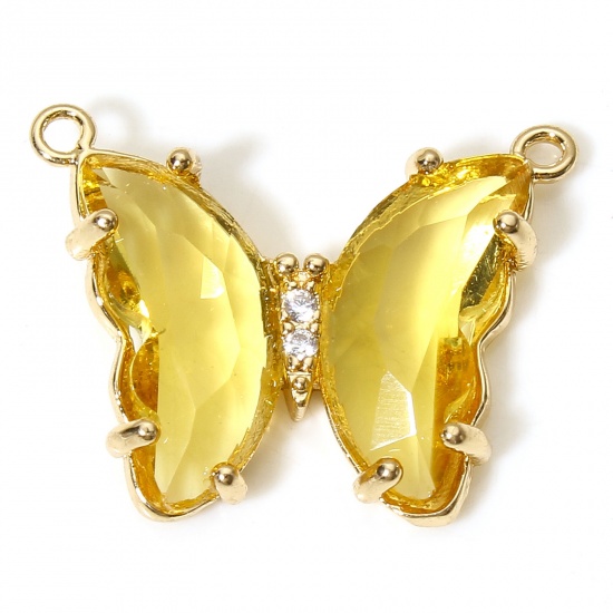 Picture of 5 PCs Brass & Glass Insect Connectors Charms Pendants Gold Plated Yellow Butterfly Animal Clear Rhinestone 22mm x 17mm