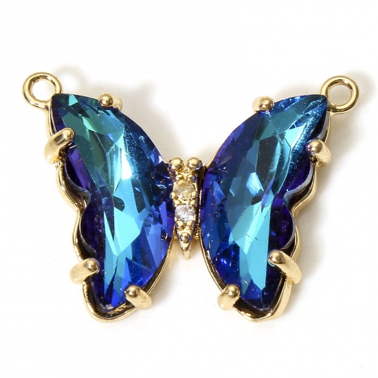 Picture of 5 PCs Brass & Glass Insect Connectors Charms Pendants Gold Plated Blue Violet Butterfly Animal Clear Rhinestone 22mm x 17mm