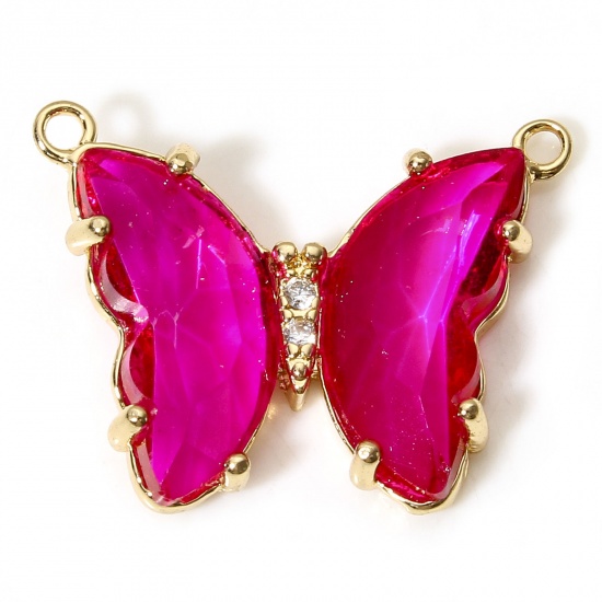 Picture of 5 PCs Brass & Glass Insect Connectors Charms Pendants Gold Plated Fuchsia Butterfly Animal Clear Rhinestone 22mm x 17mm