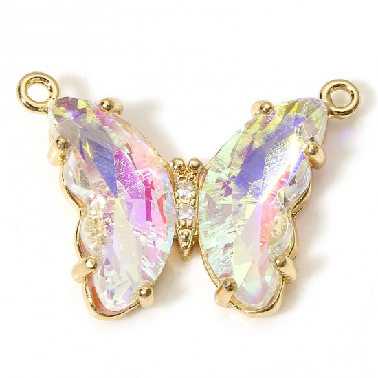Picture of 5 PCs Brass & Glass Insect Connectors Charms Pendants Gold Plated Clear AB Color Butterfly Animal Clear Rhinestone 22mm x 17mm