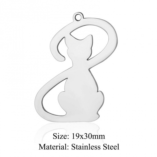 Bild von 5 PCs 304 Stainless Steel Charms Silver Tone Cat Animal Hollow 19mm x 30mm