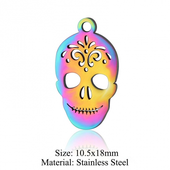 Immagine di 5 PCs 304 Stainless Steel Charms Rainbow Color Plated Skeleton Skull Hollow 10.5mm x 18mm