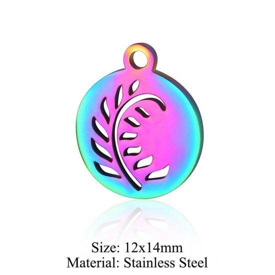 Immagine di 5 PCs 304 Stainless Steel Charms Rainbow Color Plated Round Flower Leaves Hollow 12mm x 14mm