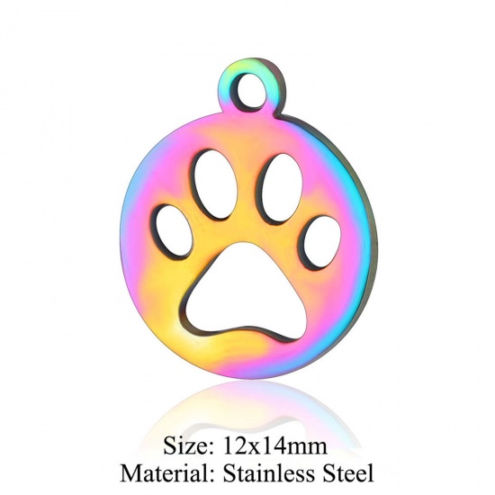 Immagine di 5 PCs 304 Stainless Steel Charms Rainbow Color Plated Round Paw Print Hollow 12mm x 14mm
