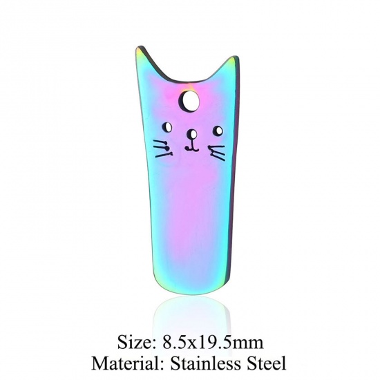 Immagine di 5 PCs 304 Stainless Steel Charms Rainbow Color Plated Cat Animal Hollow 8.5mm x 19.5mm
