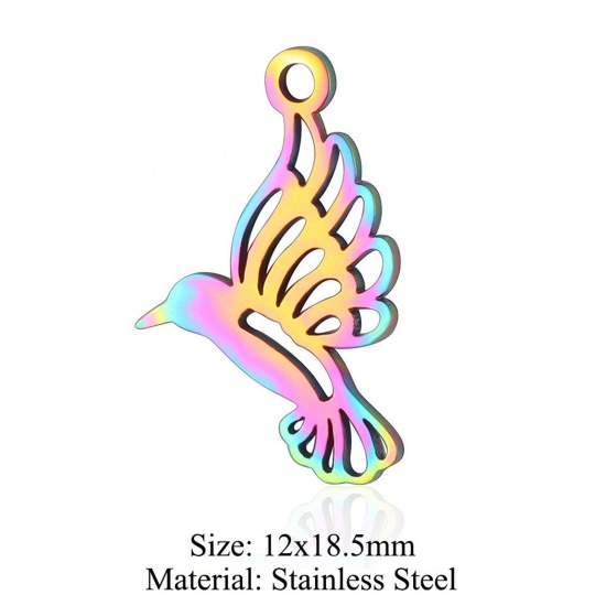 Immagine di 5 PCs 304 Stainless Steel Charms Rainbow Color Plated Hummingbird Hollow 12mm x 18.5mm