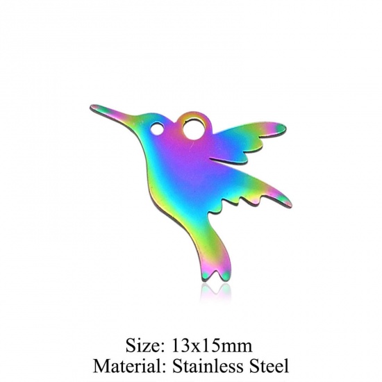 Immagine di 5 PCs 304 Stainless Steel Charms Rainbow Color Plated Hummingbird Hollow 13mm x 15mm