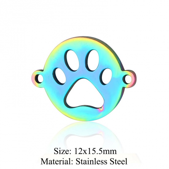Immagine di 5 PCs 304 Stainless Steel Connectors Charms Pendants Rainbow Color Plated Round Paw Print Hollow 12mm x 15.5mm