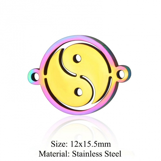Immagine di 5 PCs 304 Stainless Steel Connectors Charms Pendants Rainbow Color Plated Round Eight Diagrams Hollow 12mm x 15.5mm