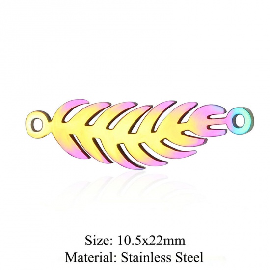 Immagine di 5 PCs 304 Stainless Steel Connectors Charms Pendants Rainbow Color Plated Feather Hollow 10.5mm x 22mm