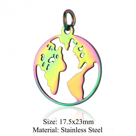 Immagine di 5 PCs 304 Stainless Steel Charms Rainbow Color Plated Round World Map Hollow 17.5mm x 23mm