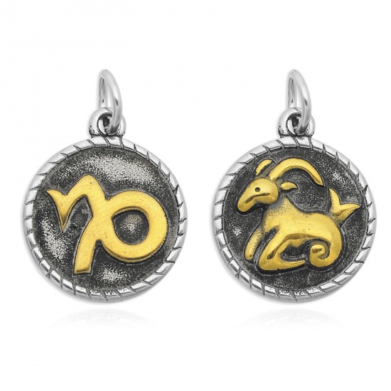 Picture of 1 Piece 304 Stainless Steel Retro Charms Gold Tone Antique Gold & Antique Silver Color Two Tone Round Capricornus Sign Of Zodiac Constellations With Jump Ring 18mm Dia.