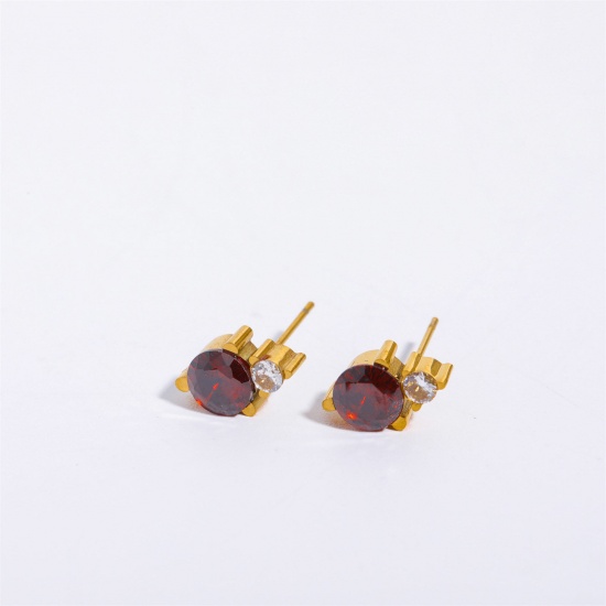 Image de 1 Paire Boucles d'Oreilles Puces en 304 Acier Inoxydable Pierres de Naissance 18k Or Rempli janvier Zircone Cubique Vin Rouge 6mm x 10mm , Epaisseur de Fil: (20 gauge)