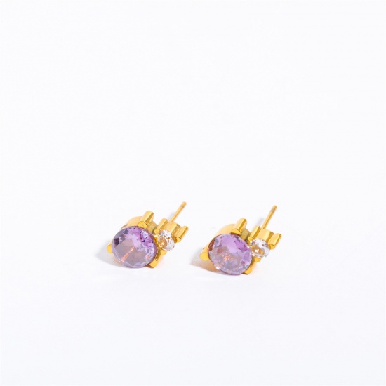 Immagine di 1 Paio 304 Acciaio Inossidabile Pietre Nascita Orecchini a Perno 18K Oro riempito Febbraio Viola Pallido Cubic Zirconiae 6mm x 10mm, Posta / Filo Dimensione: (20 misura)