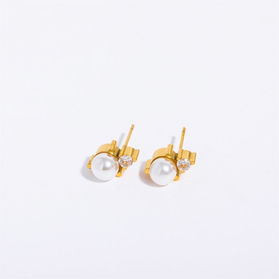 Image de 1 Paire Boucles d'Oreilles Puces en 304 Acier Inoxydable Pierres de Naissance 18k Or Rempli Blanc juin Imitation Perles 6mm x 10mm , Epaisseur de Fil: (20 gauge)