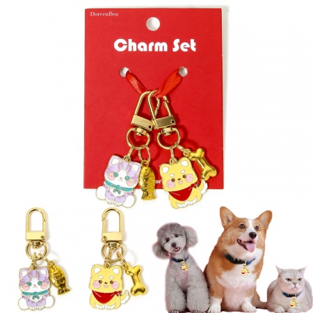 1 Set ( 2 PCs/Set) Zinc Based Alloy & Iron Based Alloy Pendants Swivel Clasps Charms For Pet Ornament Bag Pendant Keychain & Keyring Gold Plated Dog Animal Cat Enamel 6.5cm