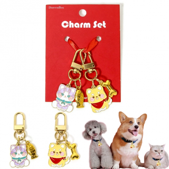 Picture of 1 Set ( 2 PCs/Set) Zinc Based Alloy & Iron Based Alloy Pendants Swivel Clasps Charms For Pet Ornament Bag Pendant Keychain & Keyring Gold Plated Dog Animal Cat Enamel 6.5cm