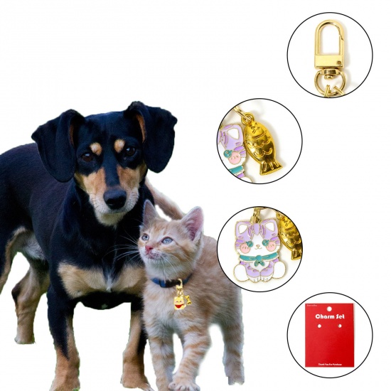 Bild von 1 Set ( 2 Stück/Satz) Zinklegierung + Legierung Anhänger Vergoldet Hund Katze Emaille 6.5cm