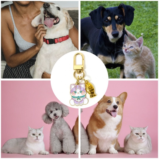 Picture of 1 Set ( 2 PCs/Set) Zinc Based Alloy & Iron Based Alloy Pendants Swivel Clasps Charms For Pet Ornament Bag Pendant Keychain & Keyring Gold Plated Dog Animal Cat Enamel 6.5cm