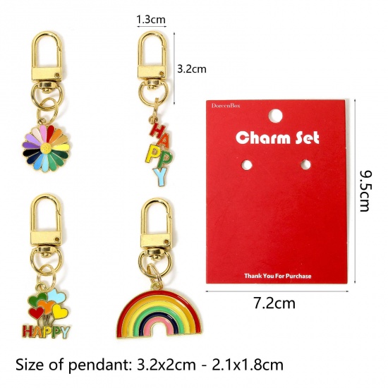 Picture of 1 Set ( 4 PCs/Set) Zinc Based Alloy & Iron Based Alloy Pendants Swivel Clasps Charms For Pet Ornament Bag Pendant Keychain & Keyring Gold Plated Rainbow Flower Enamel 6.6cm long - 5.8cm long