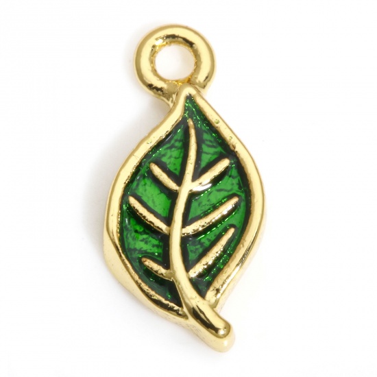 Picture of 2 PCs Brass Charms 18K Real Gold Plated Green Leaf Enamel 10mm x 5mm
