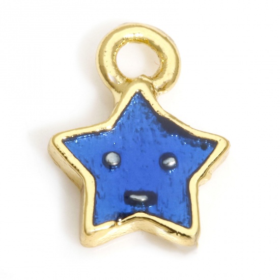 Picture of 2 PCs Brass Galaxy Charms 18K Real Gold Plated Blue Pentagram Star Enamel 7mm x 5mm