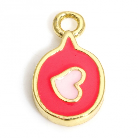 Picture of 2 PCs Brass Valentine's Day Charms 18K Real Gold Plated Hot Pink Heart Enamel 9mm x 5mm