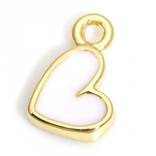 Picture of 2 PCs Brass Valentine's Day Charms 18K Real Gold Plated White Heart Enamel 8mm x 5mm