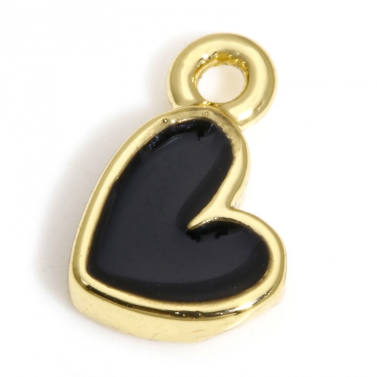 Picture of 2 PCs Brass Valentine's Day Charms 18K Real Gold Plated Black Heart Enamel 8mm x 5mm