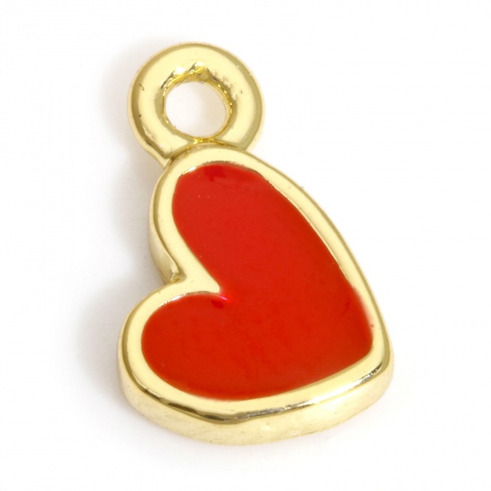 Picture of 2 PCs Brass Valentine's Day Charms 18K Real Gold Plated Red Heart Enamel 8mm x 5mm