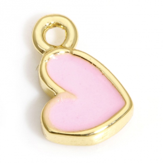 Picture of 2 PCs Brass Valentine's Day Charms 18K Real Gold Plated Pink Heart Enamel 8mm x 5mm
