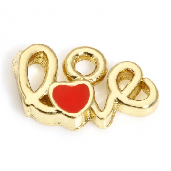 Picture of 2 PCs Brass Valentine's Day Charms 18K Real Gold Plated Red Message " LOVE " Enamel 8mm x 4mm