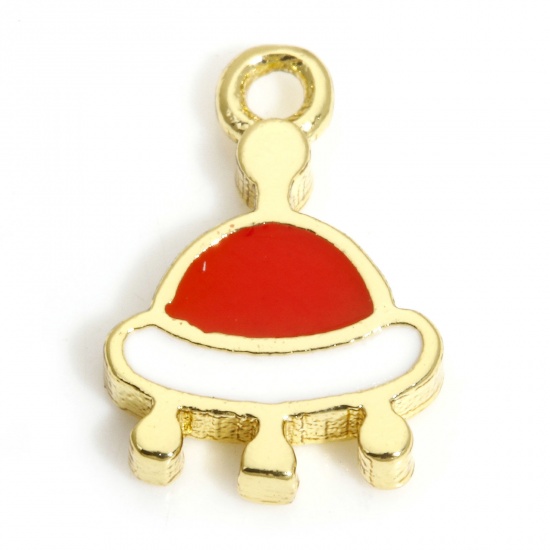 Picture of 2 PCs Brass Galaxy Charms 18K Real Gold Plated White & Red Flying Saucer Enamel 10mm x 6.5mm