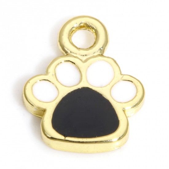 Picture of 2 PCs Brass Pet Memorial Charms 18K Real Gold Plated Black & White Dog's Paw Enamel 7mm x 6mm