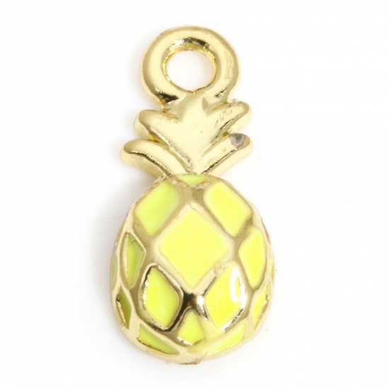 Picture of 2 PCs Brass Charms 18K Real Gold Plated Yellow Pineapple/ Ananas Fruit Enamel 9.5mm x 4mm
