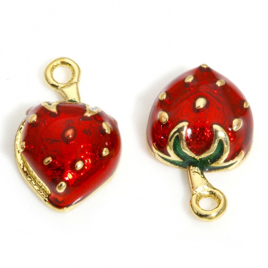 Picture of 2 PCs Brass Charms 18K Real Gold Plated Red Strawberry Fruit Enamel 11mm x 7mm
