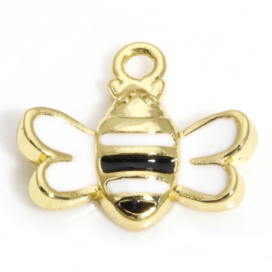 Picture of 2 PCs Brass Charms 18K Real Gold Plated Black & White Bee Animal Enamel 10mm x 9mm