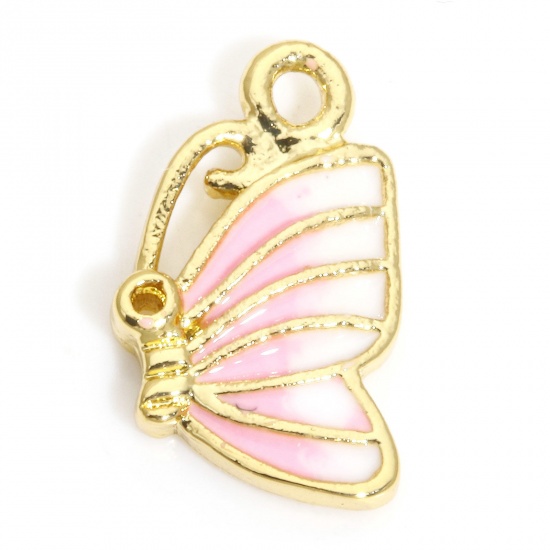 Picture of 2 PCs Brass Charms 18K Real Gold Plated White & Pink Butterfly Animal Enamel 11mm x 6mm