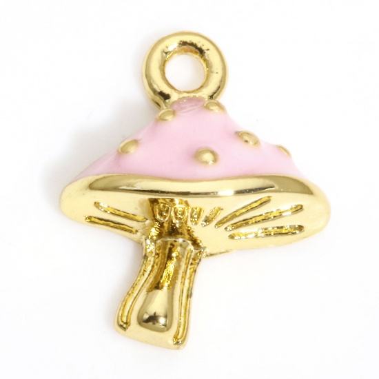 Picture of 2 PCs Brass Charms 18K Real Gold Plated Pink Mushroom Enamel 10mm x 8mm