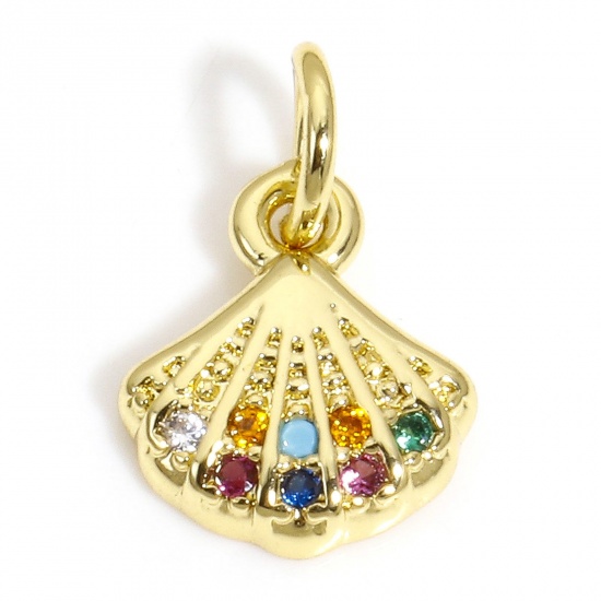 Picture of 1 Piece Brass Charms 18K Gold Color Shell Multicolour Cubic Zirconia 13.5mm x 9mm