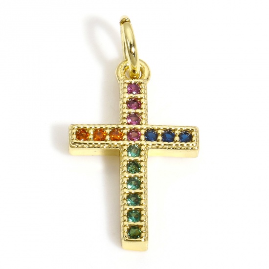 Picture of 1 Piece Brass Religious Charms 18K Gold Color Cross Multicolour Cubic Zirconia 19.5mm x 10mm