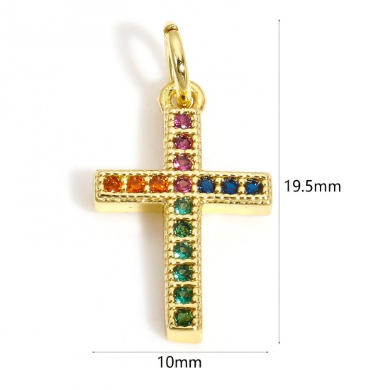 Picture of 1 Piece Brass Religious Charms 18K Gold Plated Cross Multicolour Cubic Zirconia 19.5mm x 10mm