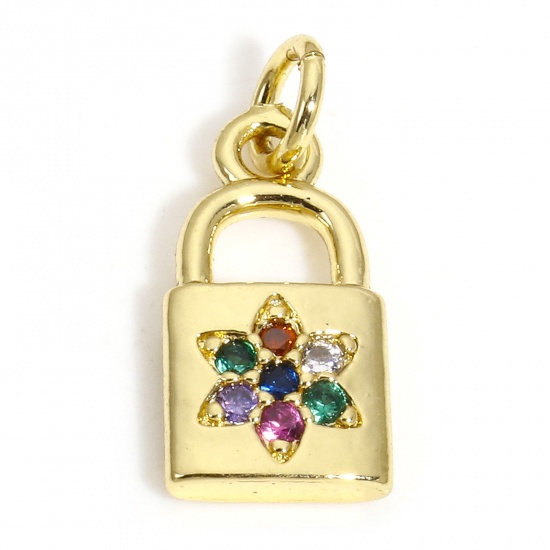 Picture of 1 Piece Brass Charms 18K Gold Plated Lock Flower Multicolour Cubic Zirconia 18mm x 8mm