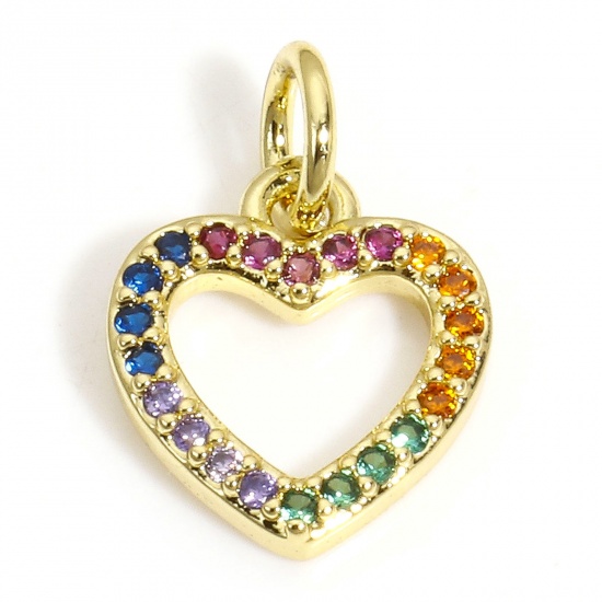 Picture of 1 Piece Brass Valentine's Day Charms 18K Gold Plated Heart Multicolour Cubic Zirconia 14mm x 10mm