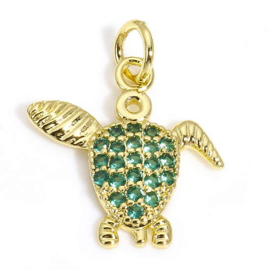 Picture of 1 Piece Brass Ocean Jewelry Charms 18K Gold Plated Sea Turtle Animal Green Cubic Zirconia 19mm x 15mm