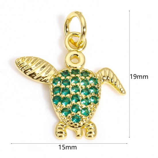 Picture of 1 Piece Brass Ocean Jewelry Charms 18K Gold Plated Sea Turtle Animal Green Cubic Zirconia 19mm x 15mm