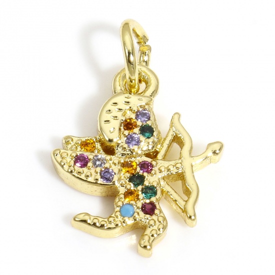 Picture of 1 Piece Brass Religious Charms 18K Gold Plated Cupid Multicolour Cubic Zirconia 17mm x 11.5mm