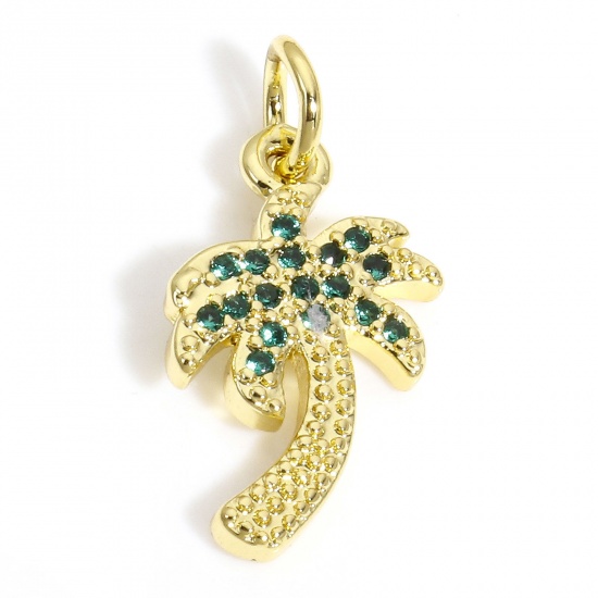 Picture of 1 Piece Brass Charms 18K Gold Color Coconut Palm Tree Green Cubic Zirconia 19.5mm x 10mm